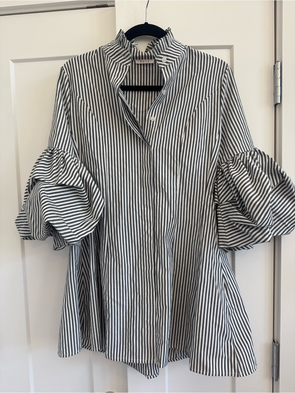 Black & White Striped Mini Dress with Puff Sleeves
